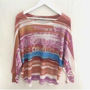 TINA STEPHENS Italy Colorful Heart Open Knit Sweater Dolman Sleeve ONE SIZE XS-L